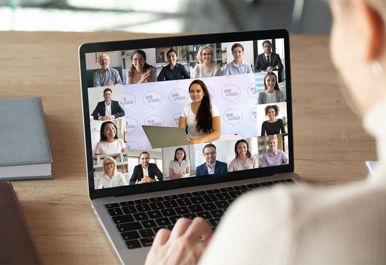 Video conference with logo back wall